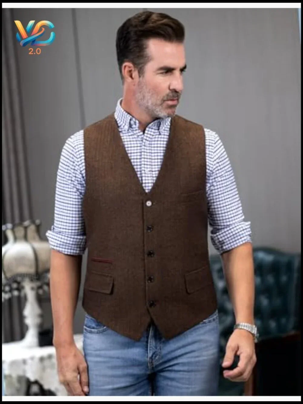 Men's Wool Blend Vest, V-Neck, 5 Buttons, 2 Pockets, X-Large